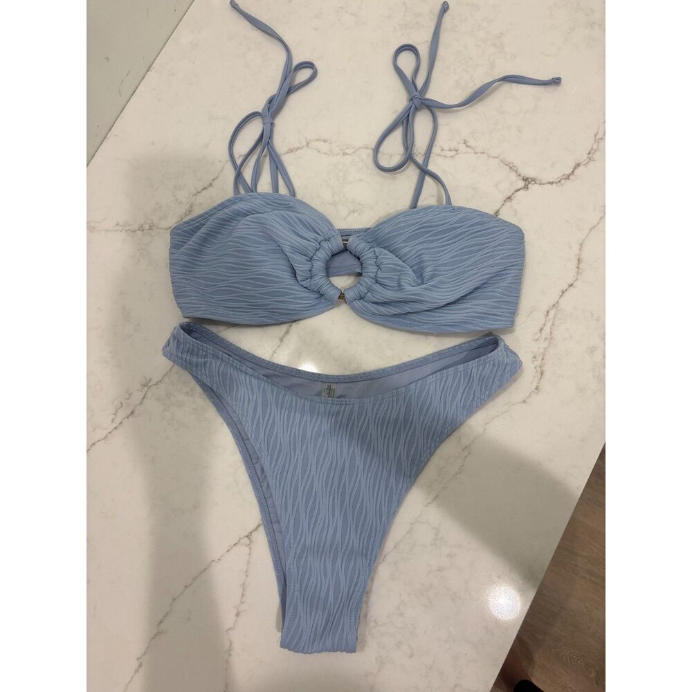 ZAFUL Textured Bandeau Tie Shoulder Bikini Set